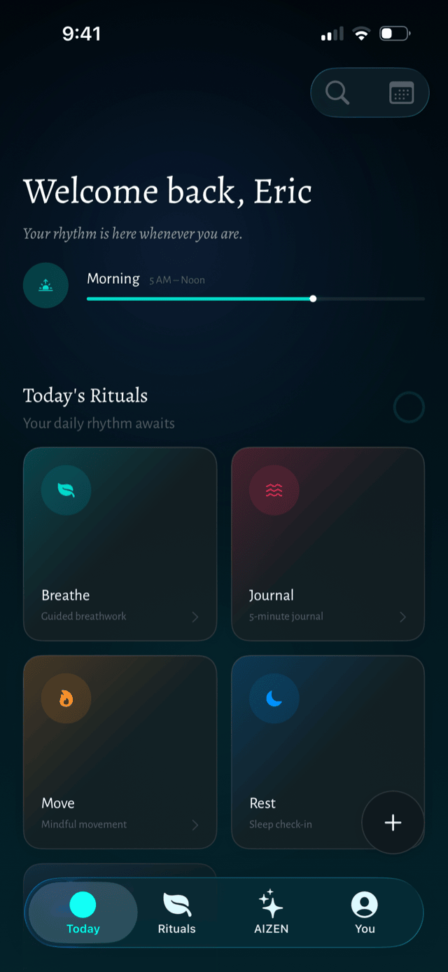 AIZEN iOS app: Today's Rituals home screen