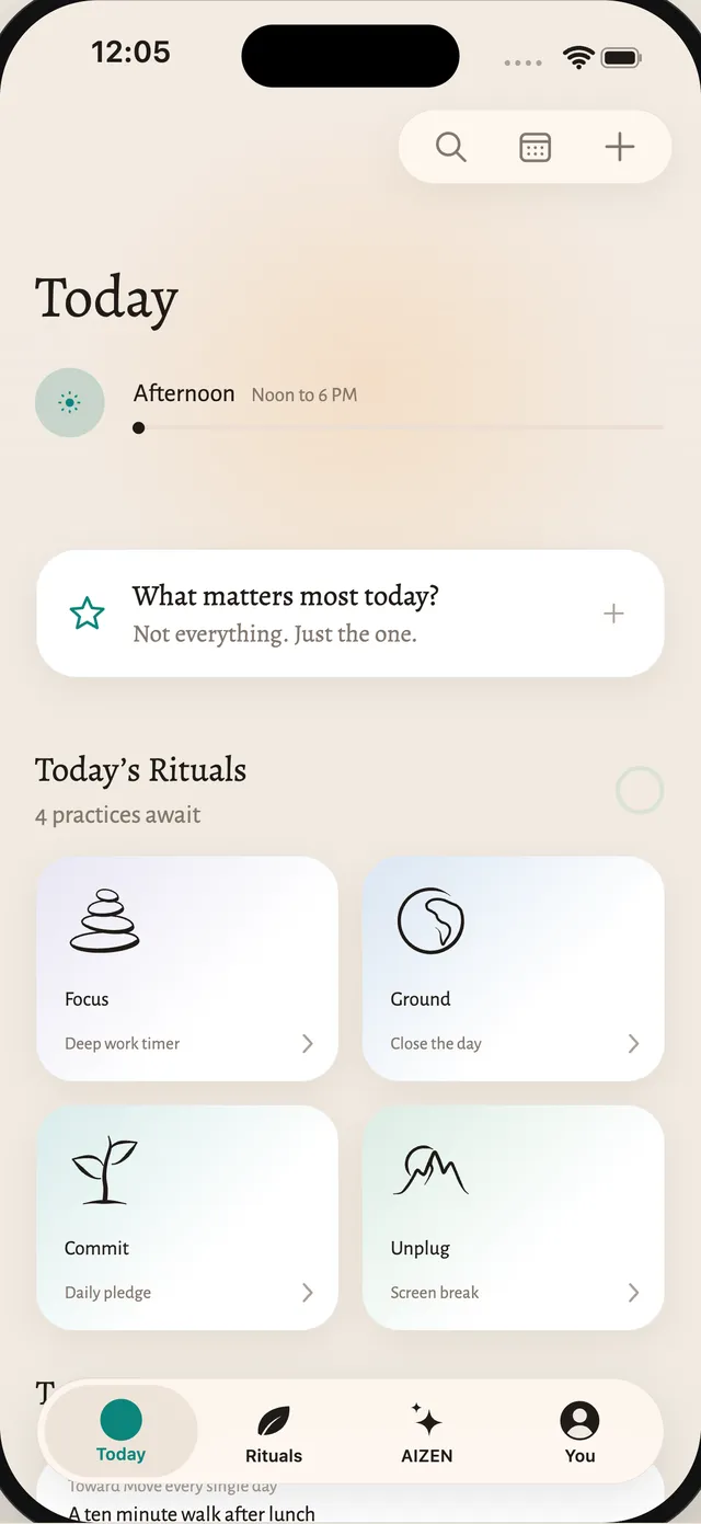 The AIZEN app Today screen with its ritual icons