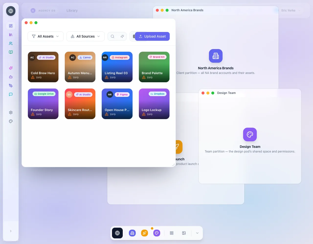The Agency OS workspace with a client’s asset library open