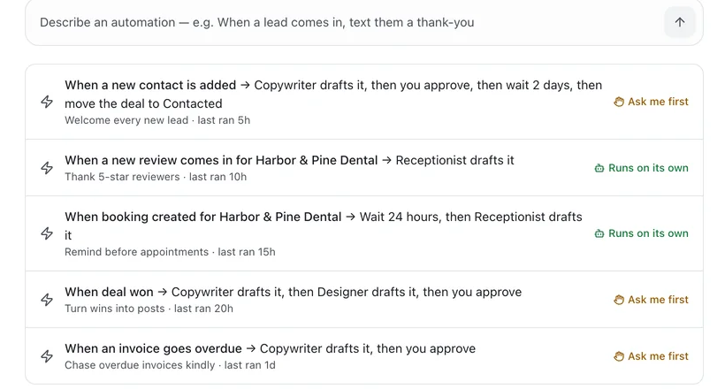 Automations written as plain sentences, showing which agent does each step and which ones ask first.