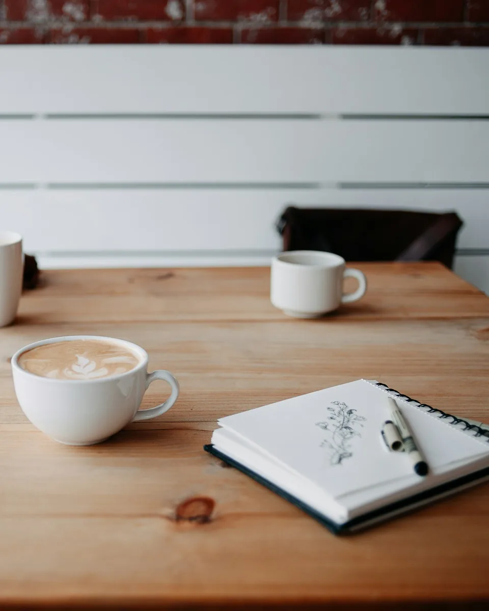 An open table with two cups of coffee and a notebook