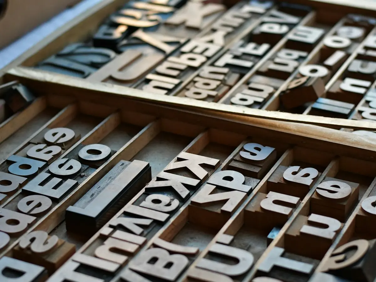Wooden type blocks in a printer’s tray