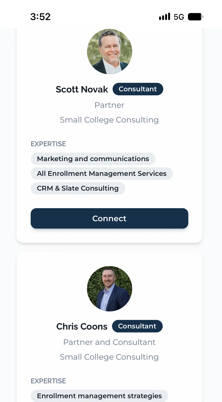 The Small College Hub on a phone: the consultant directory