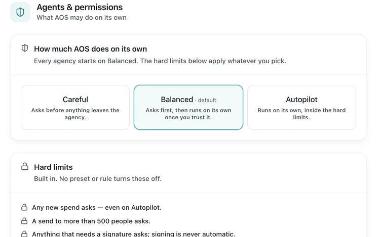 Settings: how much Agency OS does on its own, and the hard limits that always ask first.