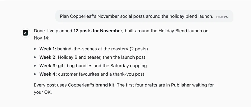 A conversation where Agency OS plans a coffee shop’s November posts and leaves the drafts in Publisher for approval.