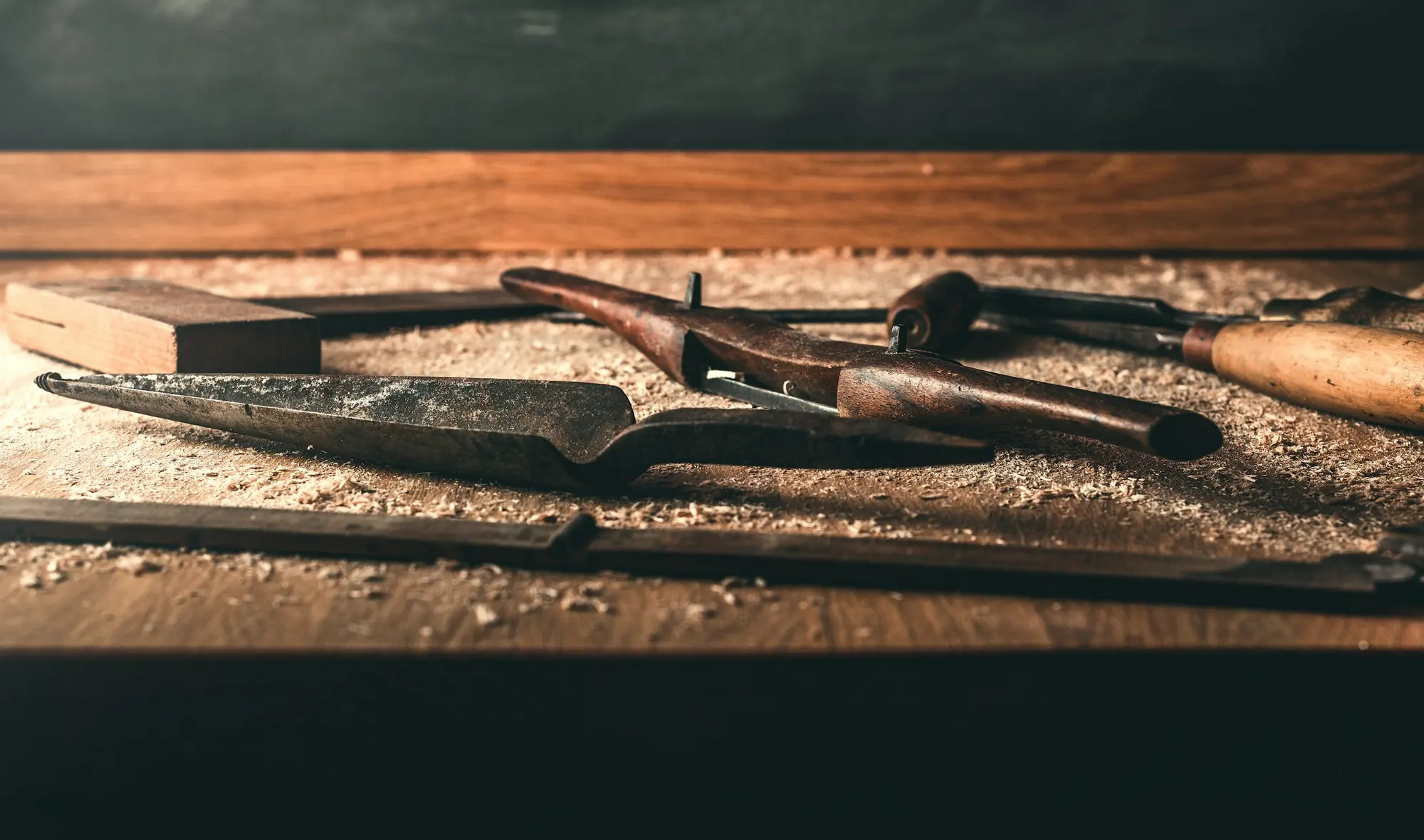 Hand tools on a workbench