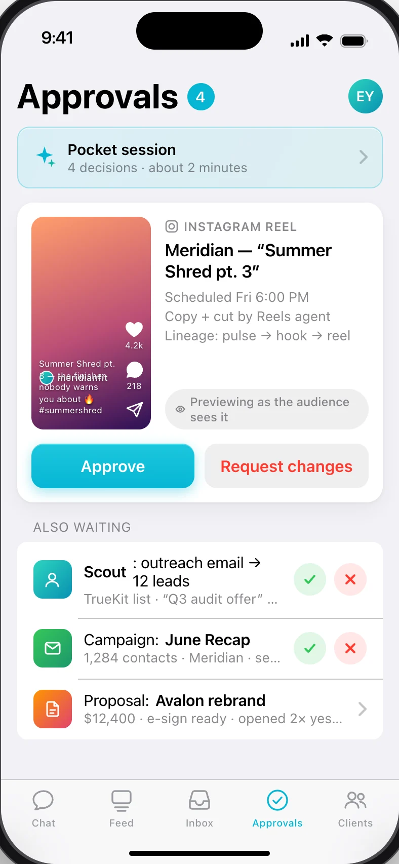 Agency OS for iPhone, coming soon: Approvals, with an Instagram reel shown as the audience will see it, ready to approve