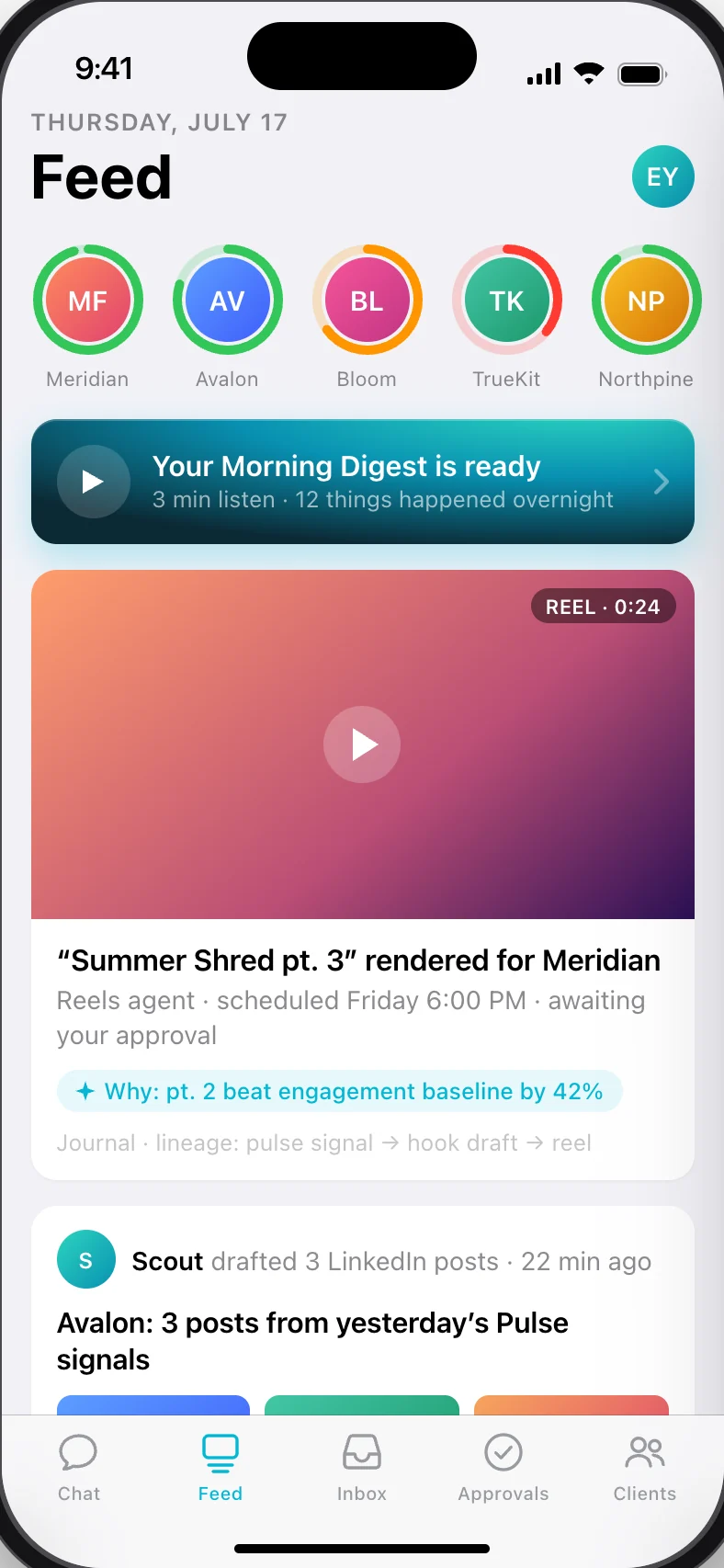 Agency OS for iPhone, coming soon: the Feed, with the morning digest and a reel waiting for approval