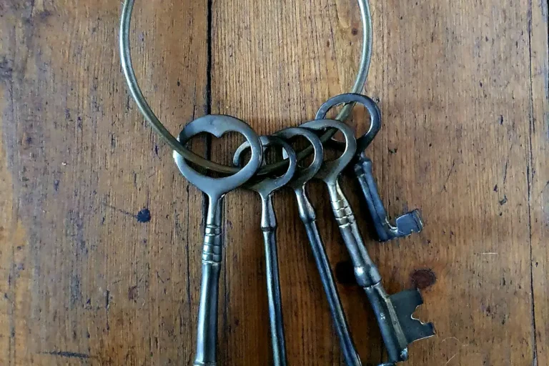 A ring of old iron keys hanging against weathered wood
