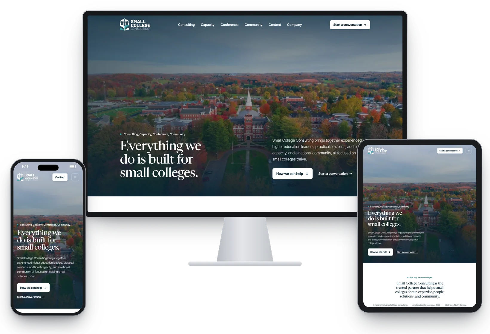 The Small College Consulting website we redesigned, on a desktop screen, a tablet and a phone