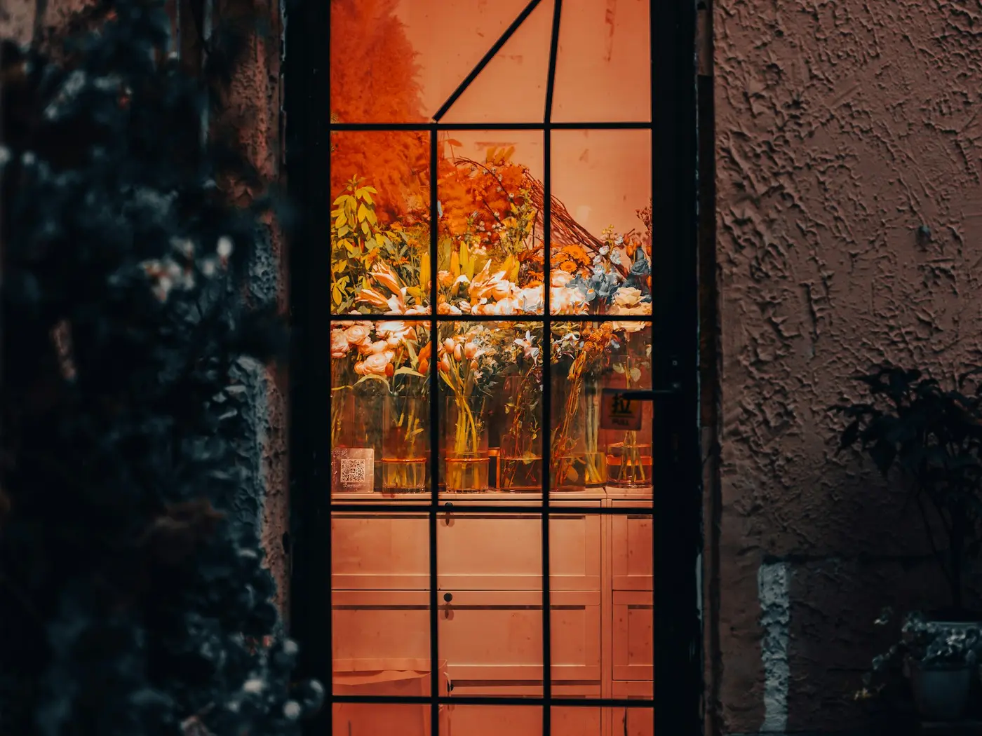 The open door of a flower shop
