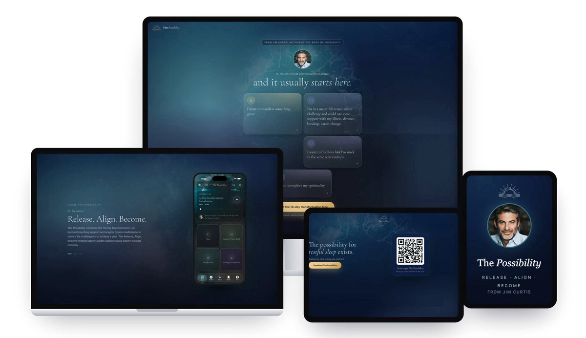 The Possibility on a desktop, a laptop, a tablet and a phone: the website, a session, the sleep page and the book companion